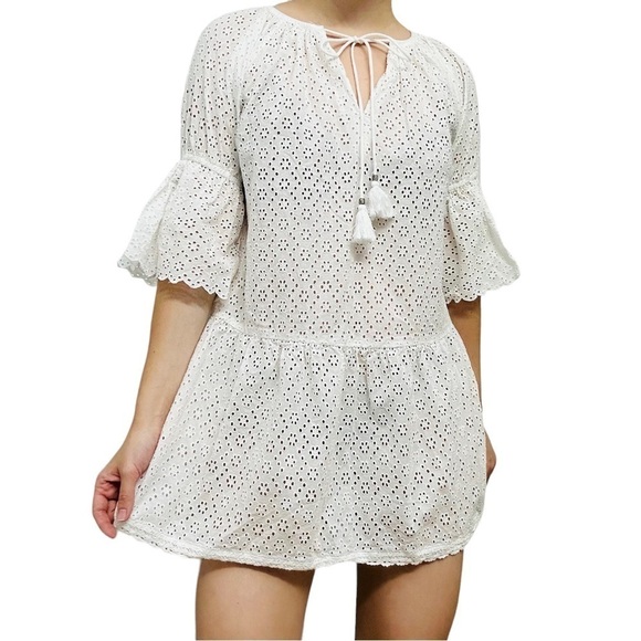 Playa Lucila Coverup Dress Mini White Beach Swimsuit Dainty Eyelet Cotton Small - Picture 1 of 8